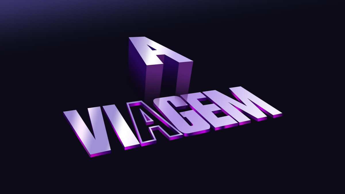 Logotipo da novela A Viagem com letras roxas em 3D sobre fundo preto