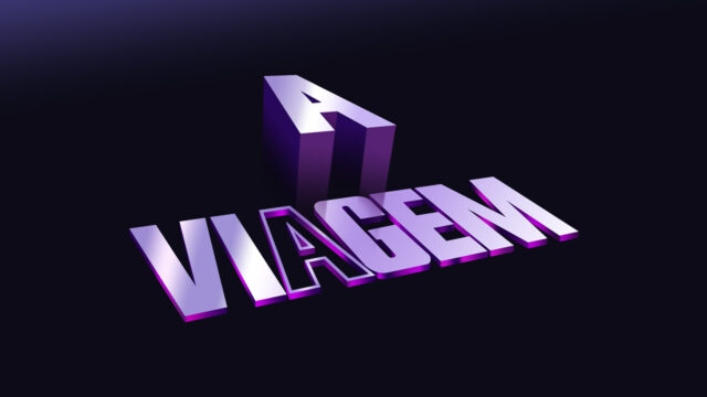 Logotipo da novela A Viagem com letras roxas em 3D sobre fundo preto