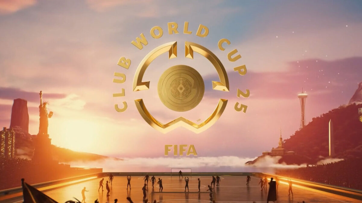 Logo dourado da Copa do Mundo de Clubes da Fifa 2025 com jogadores em campo ao pôr do sol