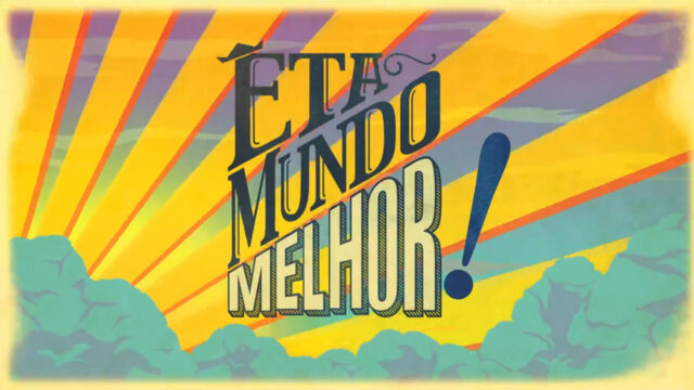 Logo da novela Êta Mundo Melhor! com letras estilizadas sobre fundo colorido com raios de sol e nuvens verdes