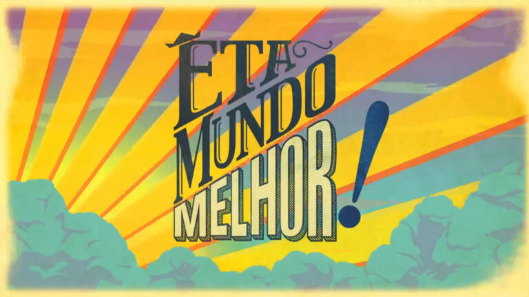 Logo da novela Êta Mundo Melhor! com letras estilizadas sobre fundo colorido com raios de sol e nuvens verdes