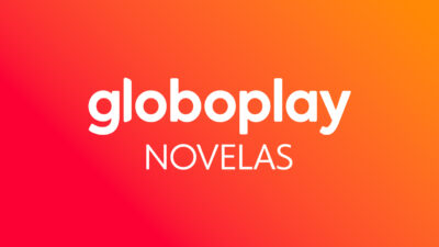Logotipo do Globoplay com a palavra novelas sobre fundo em degradê vermelho e laranja