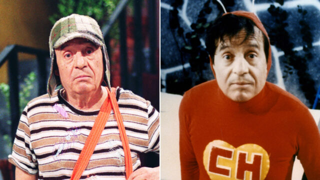 Roberto Gómez Bolaños caracterizado como Chaves e como Chapolin Colorado em cenas dos programas mexicanos