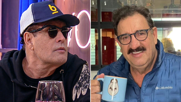 Sérgio Mallandro de boné e óculos escuros ao lado de Ratinho segurando caneca personalizada
