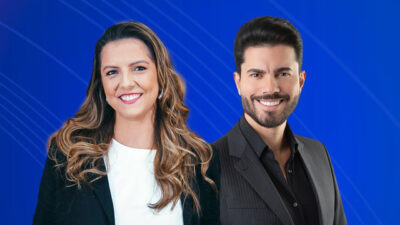 Agatha Meirelles e Wagner Montes Filho sorrindo em foto de divulgação como âncoras da Band Rio