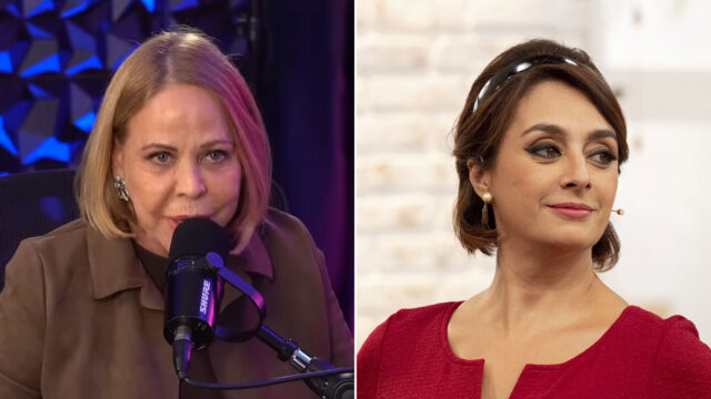 Claudete Troiano falando ao microfone em estúdio de podcast e Catia Fonseca de vestido vermelho durante programa de TV