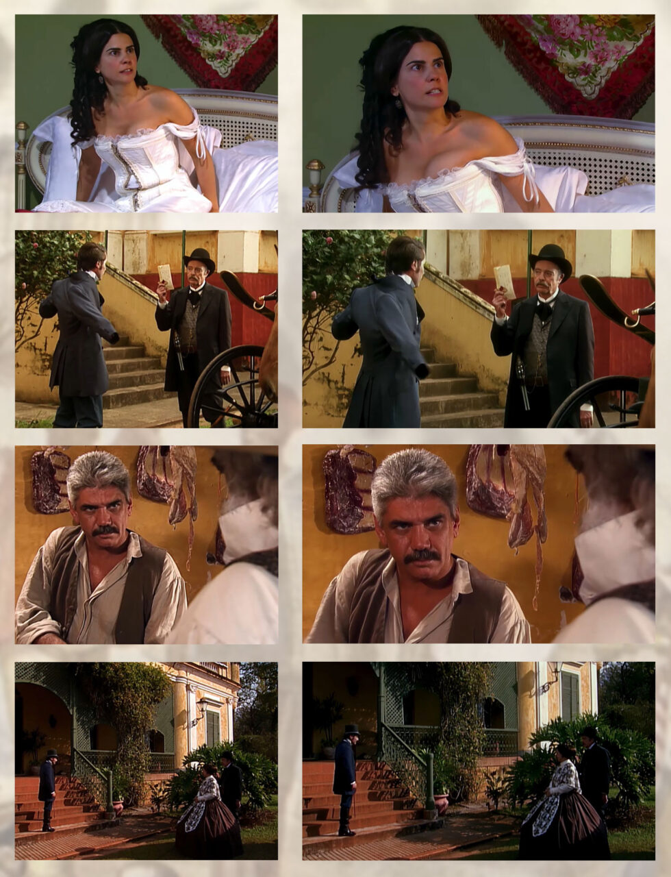 Montagem mostra comparação de frames da versão original e da versão remasterizada da novela A Escrava Isaura com cenas de personagens em ambientes internos e externos evidenciando diferenças de cor e nitidez
