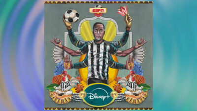 Arte promocional da ESPN e Disney+ mostra jogador de futebol com uniforme listrado em estilo místico com múltiplos braços