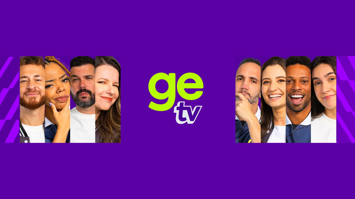 Apresentadores da GE TV em montagem com fundo roxo e logotipo verde e branco do canal esportivo gratuito da Globo