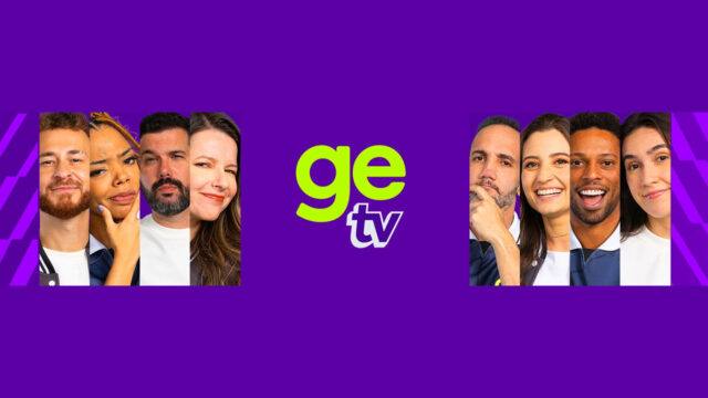 Apresentadores da GE TV em montagem com fundo roxo e logotipo verde e branco do canal esportivo gratuito da Globo