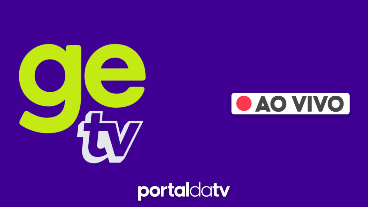 Logotipo do GE TV em fundo roxo com selo ao vivo em destaque e marca Portal da TV na parte inferior