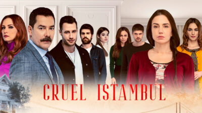 Elenco principal da novela turca Cruel Istambul posicionado em destaque com o título da trama ao centro
