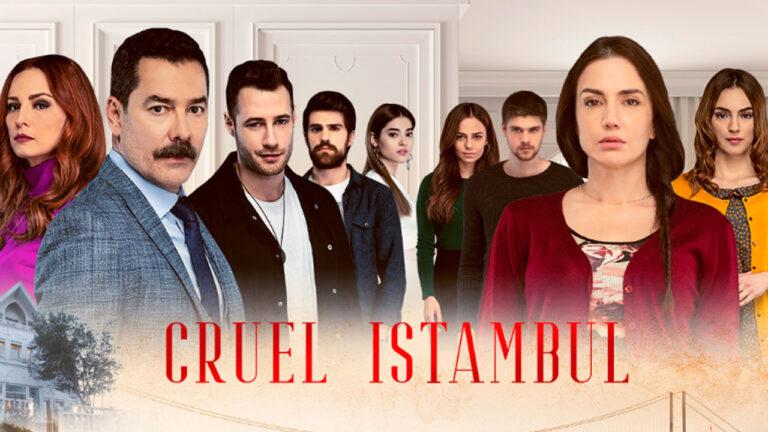 Elenco principal da novela turca Cruel Istambul posicionado em destaque com o título da trama ao centro