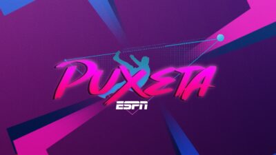 Logo do programa Puxeta da ESPN com silhueta de jogador de futebol fazendo bicicleta em fundo roxo e rosa