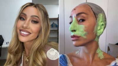 Sabrina Sato aparece produzida com maquiagem em um lado e no outro com máscara facial verde durante transformação para o programa Sua Maravilhosa
