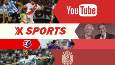 Logo do canal X Sports com imagens de jogos de futebol masculino e feminino e a marca do YouTube ao lado