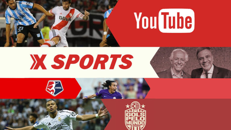 Logo do canal X Sports com imagens de jogos de futebol masculino e feminino e a marca do YouTube ao lado
