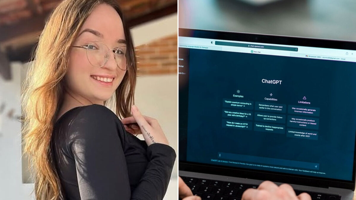 Montagem de fotos com Babi Palomas sorrindo de óculos à esquerda, e a tela de um notebook exibindo a interface do ChatGPT à direita