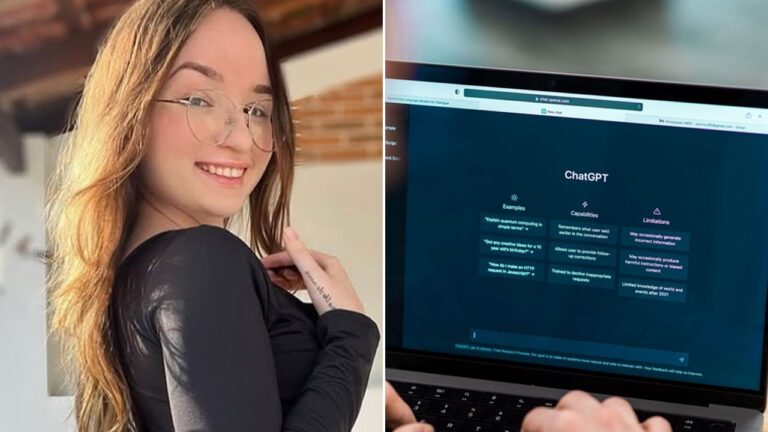 Montagem de fotos com Babi Palomas sorrindo de óculos à esquerda, e a tela de um notebook exibindo a interface do ChatGPT à direita