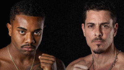 Montagem de fotos de Davi Brito e Sacha Bali se encarando, ambos sem camisa e com os punhos cerrados, para o Fight Music Show