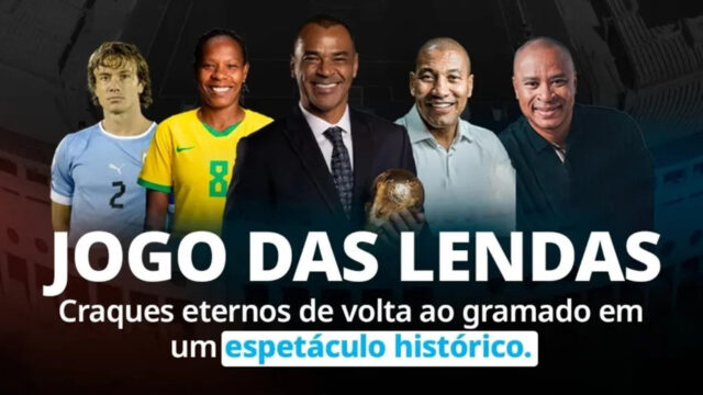 Montagem com ex-jogadores e jogadora de futebol com o texto Jogo das Lendas e chamada para evento com craques históricos