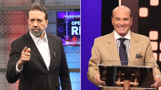 Jorge Lordello no cenário do Operação de Risco e Marcelo de Carvalho no palco do programa Mega Sonho