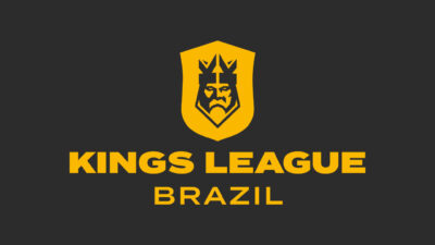 Logotipo amarelo da Kings League Brazil com desenho de rei coroado sobre fundo preto