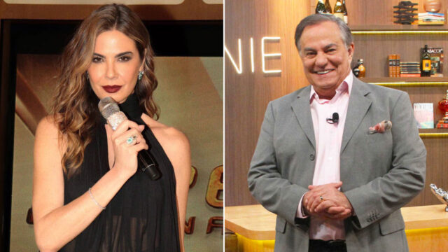 Montagem de fotos com Luciana Gimenez de vestido preto e microfone na mão no Superpop e Ronnie Von com terno cinza no estúdio do Companhia Certa