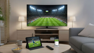 Sala de estar com TV, tablet e smartphone exibindo uma partida de futebol em um estádio, ilustrando opções de onde assistir aos jogos