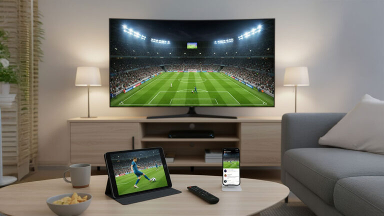 Sala de estar com TV, tablet e smartphone exibindo uma partida de futebol em um estádio, ilustrando opções de onde assistir aos jogos