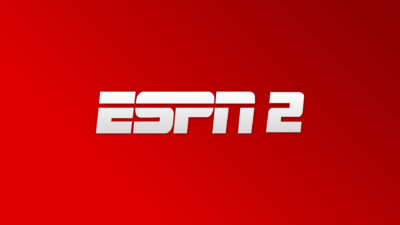 Logotipo da ESPN 2 com letras brancas estilizadas e uma linha horizontal cortando as letras sobre um fundo vermelho vibrante