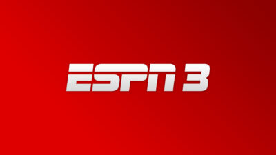 Logotipo da ESPN 3 com letras brancas estilizadas e uma linha horizontal cortando as letras sobre um fundo vermelho vibrante