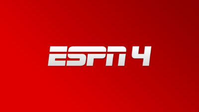 Logotipo da ESPN 4 com letras brancas estilizadas e uma linha horizontal cortando as letras sobre um fundo vermelho vibrante
