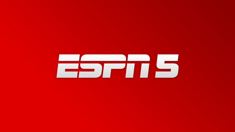Logotipo da ESPN 5 com letras brancas estilizadas e uma linha horizontal cortando as letras sobre um fundo vermelho vibrante