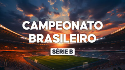 Logo do Campeonato Brasileiro - Série B em um estádio lotado com gramado verde iluminado pelo pôr do sol no horizonte