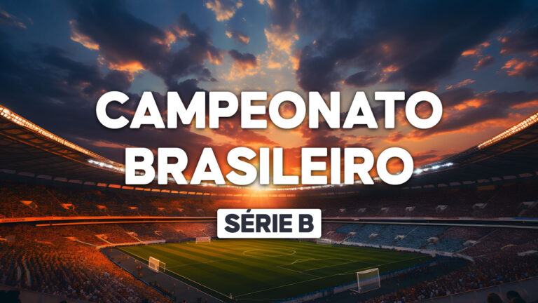Logo do Campeonato Brasileiro - Série B em um estádio lotado com gramado verde iluminado pelo pôr do sol no horizonte