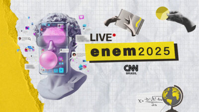 Identidade visual da Live Enem 2025 da CNN Brasil com a estátua de Davi de óculos e chiclete, rodeada por elementos de estudo