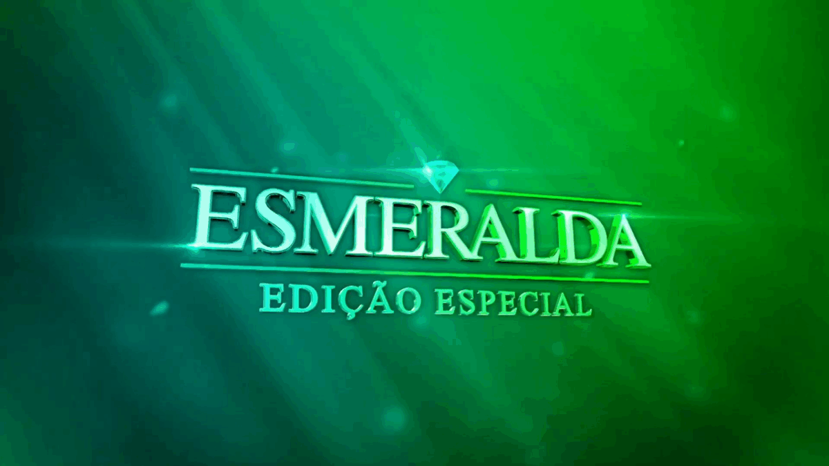 Logotipo da novela Esmeralda - Edição Especial com fundo verde e a palavra Esmeralda em destaque