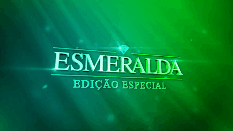 Logotipo da novela Esmeralda - Edição Especial com fundo verde e a palavra Esmeralda em destaque