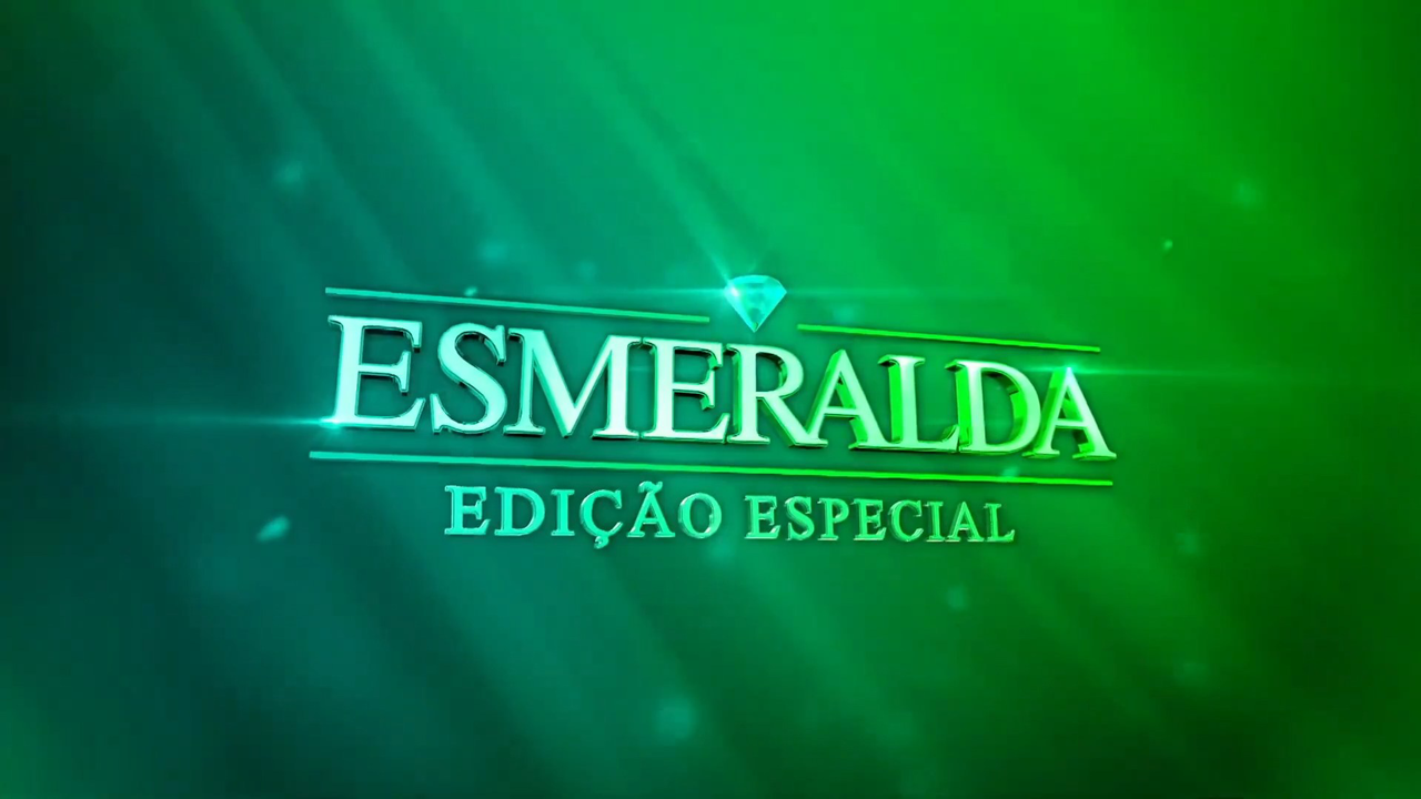 Logotipo da novela Esmeralda - Edição Especial com fundo verde e a palavra Esmeralda em destaque