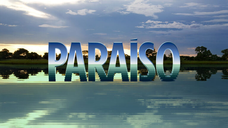 Logo da novela Paraíso da TV Globo com letras em 3D refletidas na água, em cenário de rio e pôr do sol