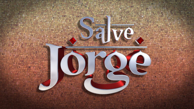 Logotipo da novela Salve Jorge da TV Globo com letras em 3D metalizadas prateadas e vermelhas sobre fundo de mosaico