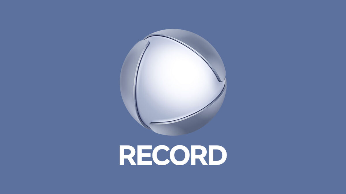 Logotipo prateado da Record com esfera metálica sobre fundo azul