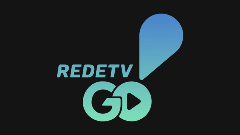 Logotipo RedeTV! GO em gradiente azul e verde, com um ponto de exclamação e seta de play na letra O, em fundo escuro