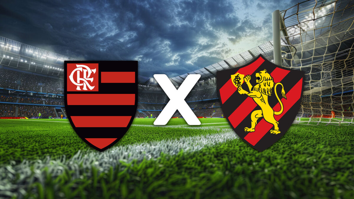 Montagem com escudos do Flamengo e do Sport lado a lado em campo de futebol com a letra X ao centro representando confronto entre os times