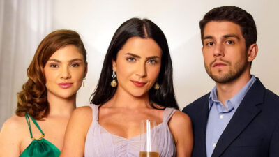 Debora Ozório, Jade Picon e Daniel Rangel em foto de divulgação da novela Tudo por uma Segunda Chance, com trajes de festa