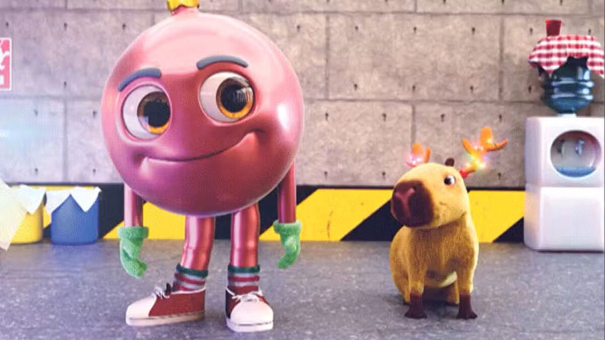 Os mascotes Marry e Capivara em animação natalina da RPC com fundo que simula uma garagem industrial com parede de concreto