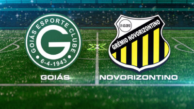 Escudo do Goiás Esporte Clube e do Grêmio Novorizontino lado a lado em fundo de campo de futebol para a transmissão da Série B