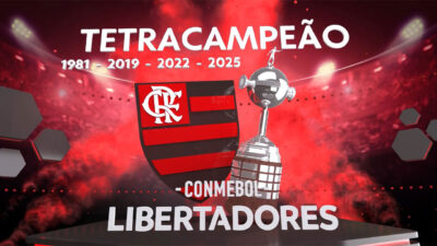 Arte gráfica da TV Globo do Flamengo tetracampeão da Libertadores com as taças de 1981, 2019, 2022 e 2025, escudo e troféu do campeonato