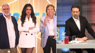 Montagem com duas imagens: Na imagem à esquerda, Leão Lobo, Flávia Noronha e Nelson Rubens. Na imagem à direita, Jorge Lordello em um cenário de estúdio de TV